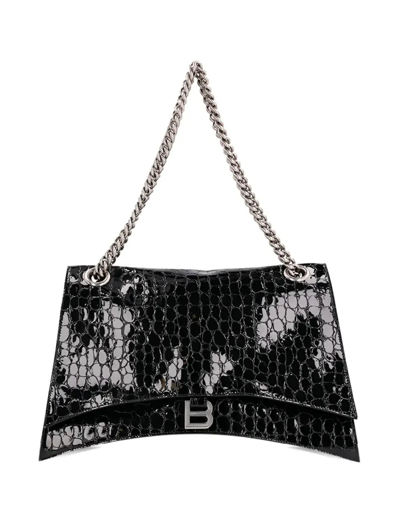 Balenciaga Große Crush Schultertasche mit Kroko-Effekt in Schwarz