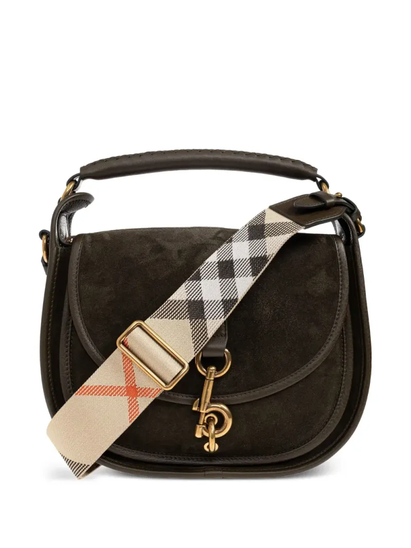 Burberry Kleiner B Clip Tote Bag mit kariertem Riemen in Grün