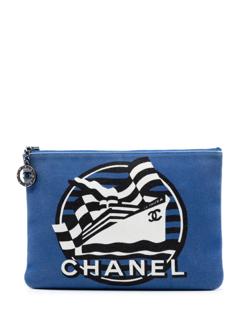 Chanel 2018-2019 mittelgroße Canvas La Pausa Zip O Case Clutch in Blau
