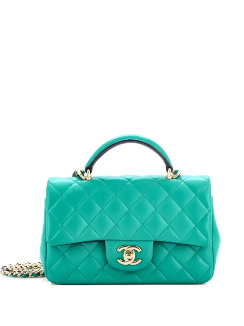 Chanel Mini Classic Single Flap Schultertasche aus Lammleder Mini in Grün Lammleder-Leder
