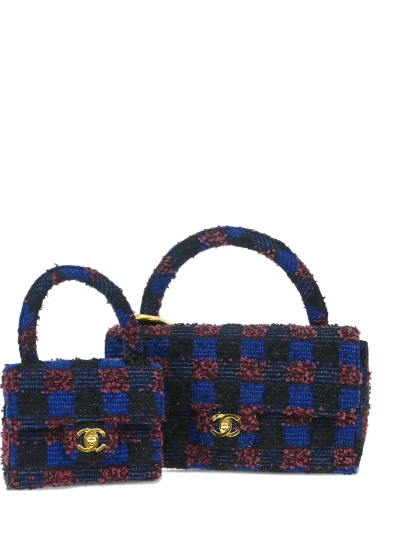 Chanel 1992 Handtaschen-Set aus Tweed in Blau Tweed-Leder