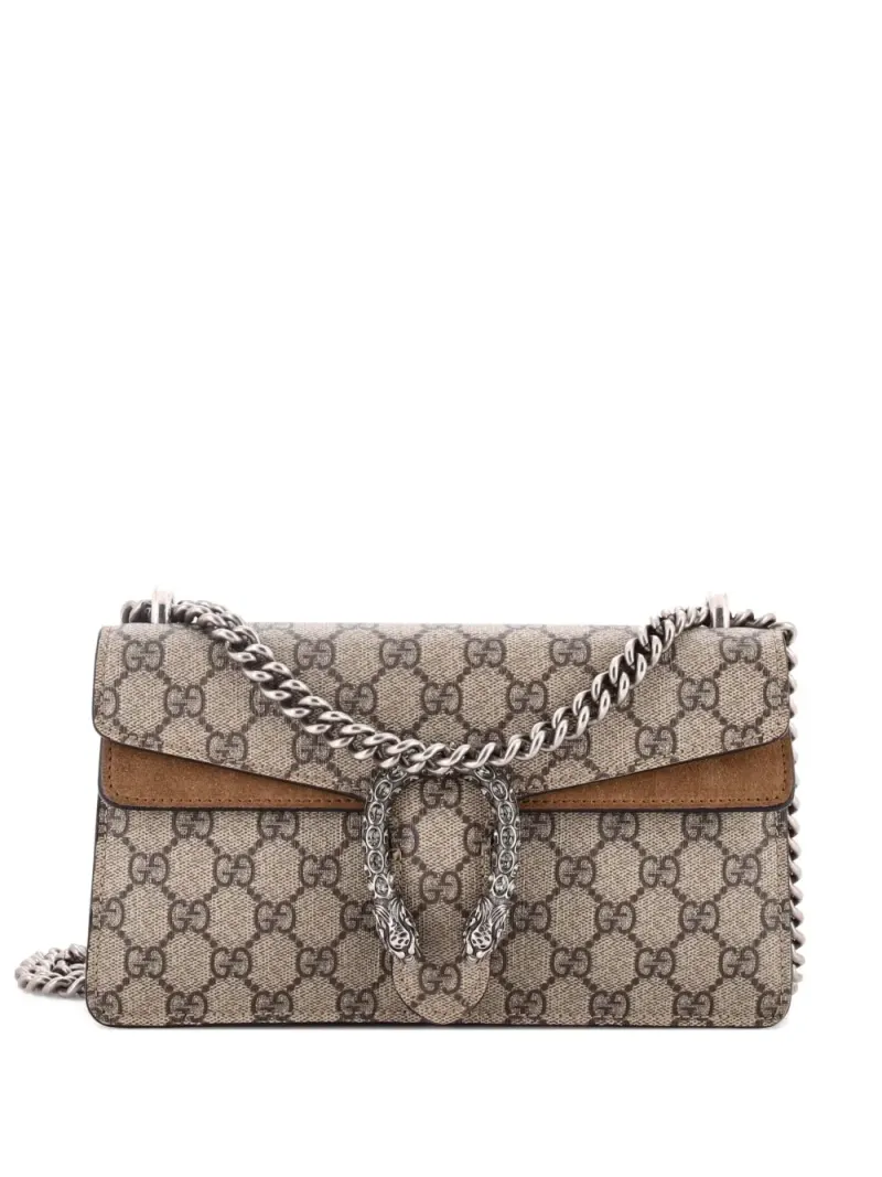 Gucci Kleine Dionysus Schultertasche aus GG-beschichtetem Canvas mit Kristallen in Braun