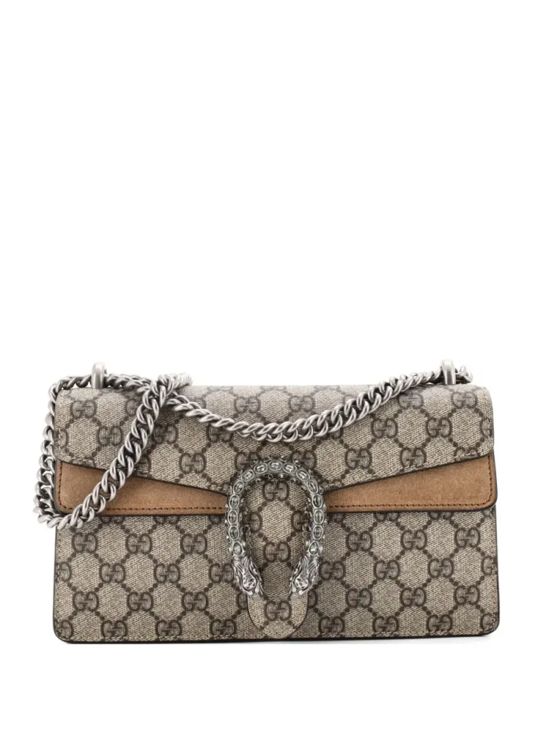 Gucci Kleine Dionysus Schultertasche aus GG-beschichtetem Canvas mit Kristallen in Braun
