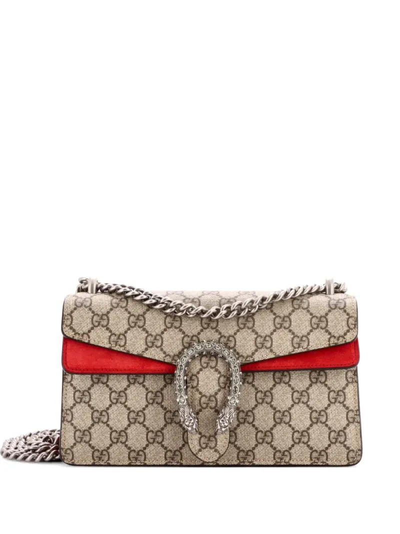 Gucci Kleine Dionysus Schultertasche aus GG-beschichtetem Canvas mit Kristallen in Braun