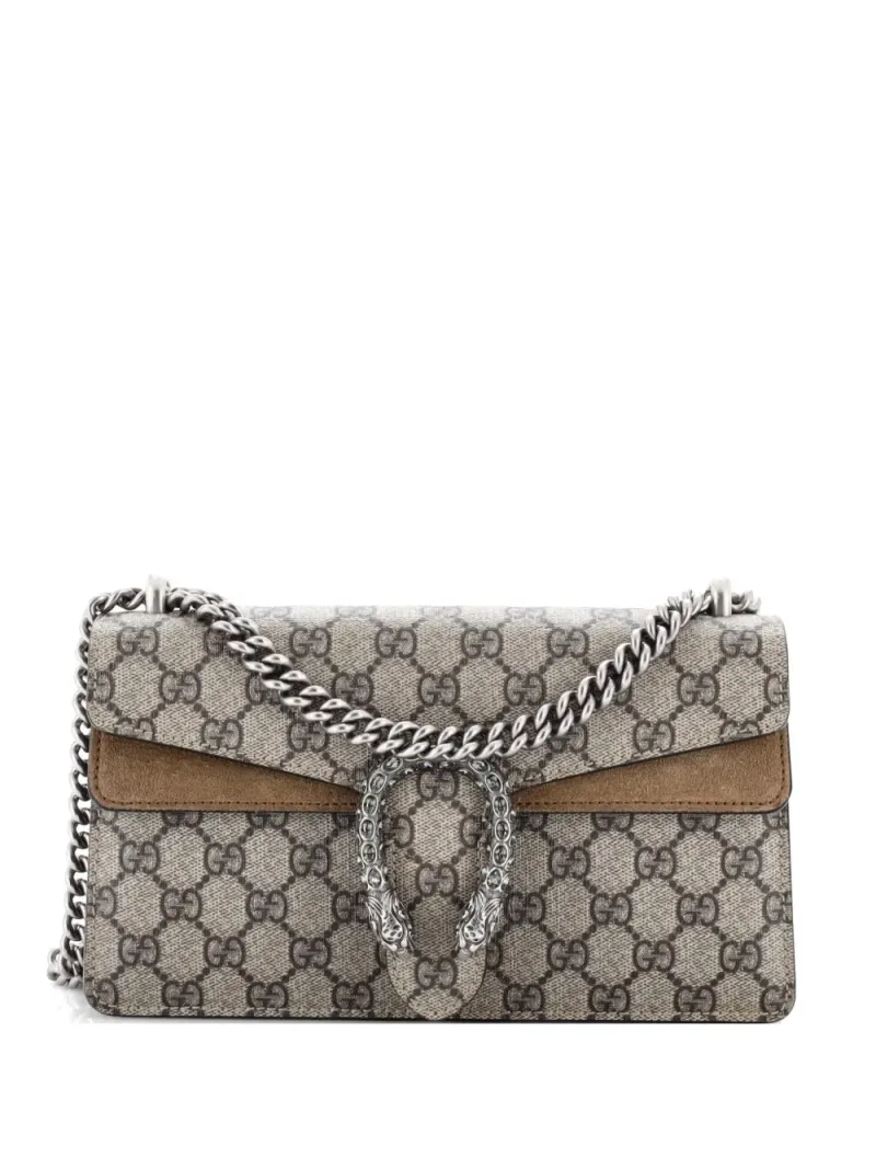 Gucci Kleine Dionysus Schultertasche aus GG-beschichtetem Canvas mit Kristallen in Braun