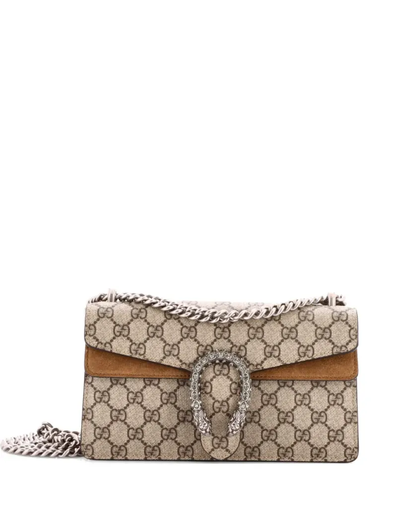Gucci Kleine Dionysus Schultertasche aus GG-beschichtetem Canvas mit Kristallen in Braun