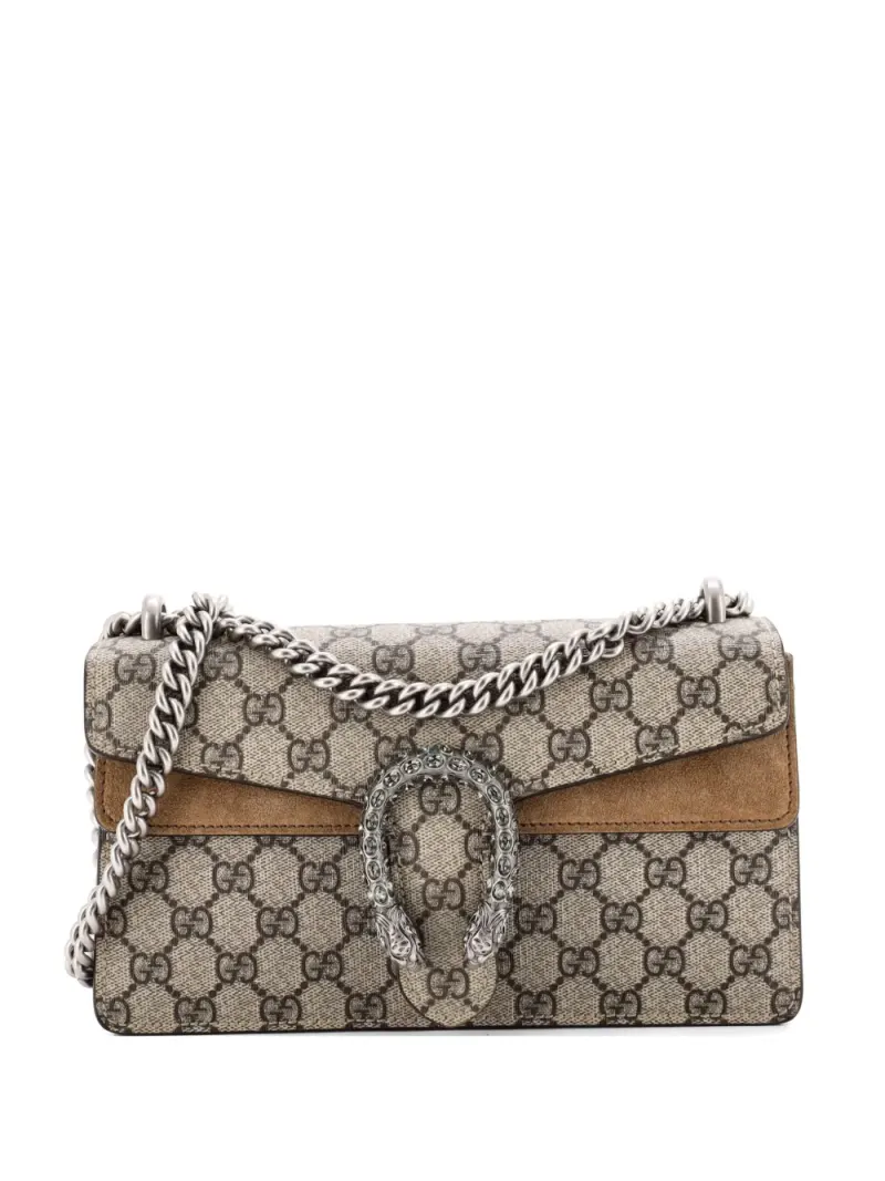 Gucci Kleine Dionysus Schultertasche aus GG-beschichtetem Canvas mit Kristallen in Braun