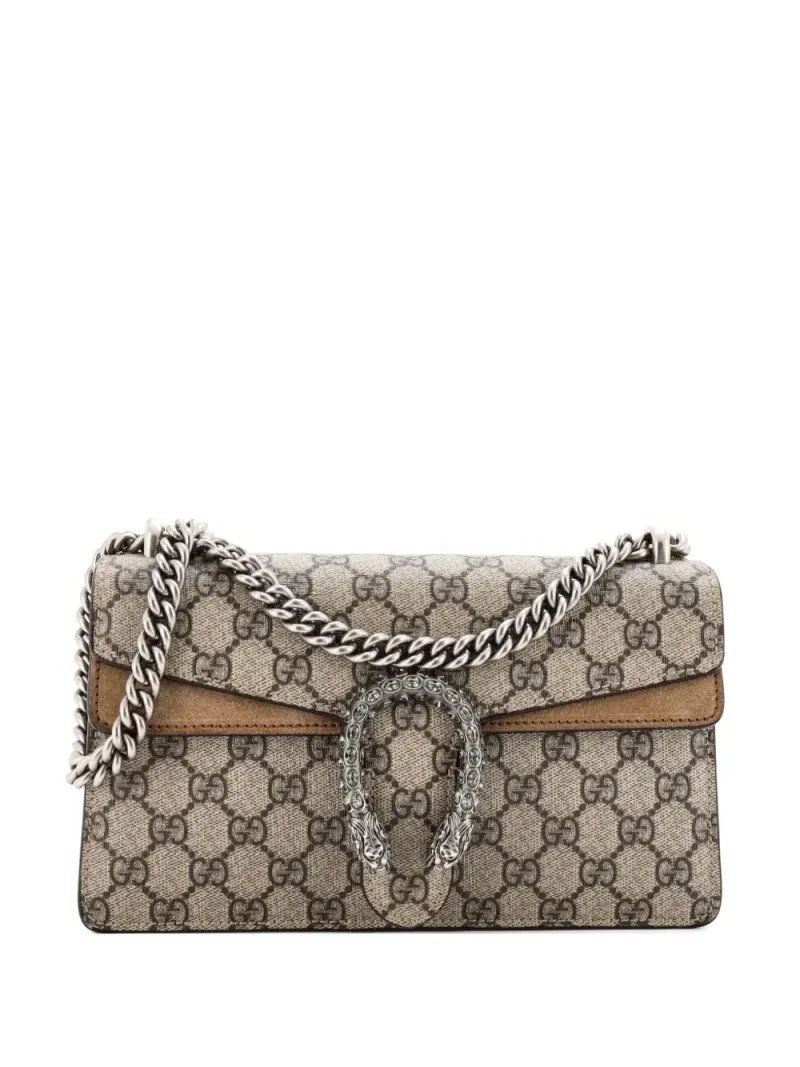 Gucci Kleine Dionysus Schultertasche aus GG-beschichtetem Canvas mit Kristallen in Braun