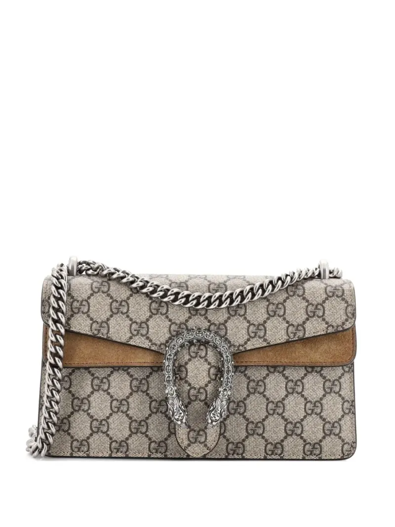 Gucci Kleine Dionysus Schultertasche aus GG-beschichtetem Canvas mit Kristallen in Braun
