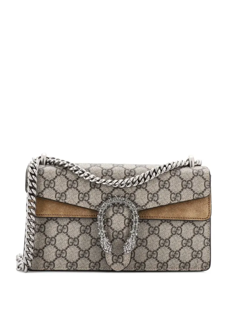 Gucci Kleine Dionysus Schultertasche aus GG-beschichtetem Canvas mit Kristallen in Braun