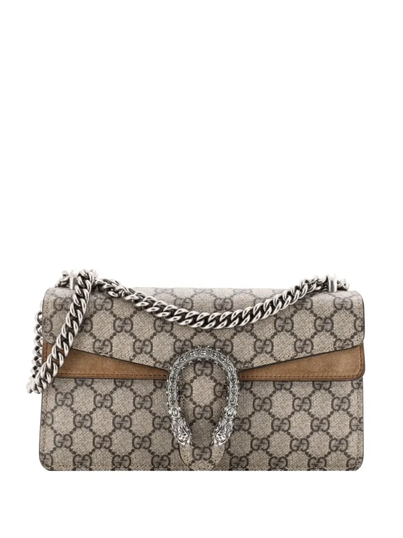 Gucci Kleine Dionysus Schultertasche aus GG-beschichtetem Canvas mit Kristallen in Braun