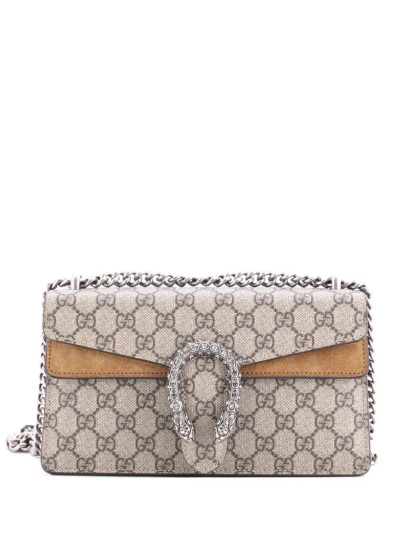 Gucci Kleine Dionysus Schultertasche aus GG-beschichtetem Canvas mit Kristallen in Braun