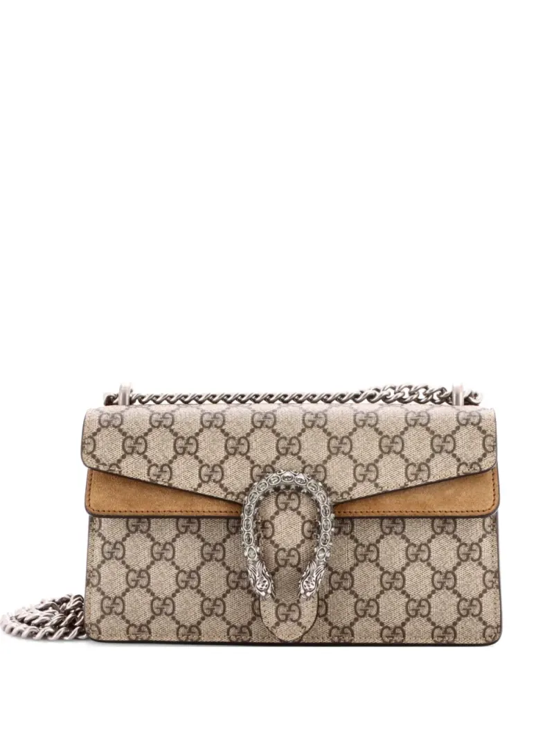 Gucci Kleine Dionysus Schultertasche aus GG-beschichtetem Canvas mit Kristallen in Braun