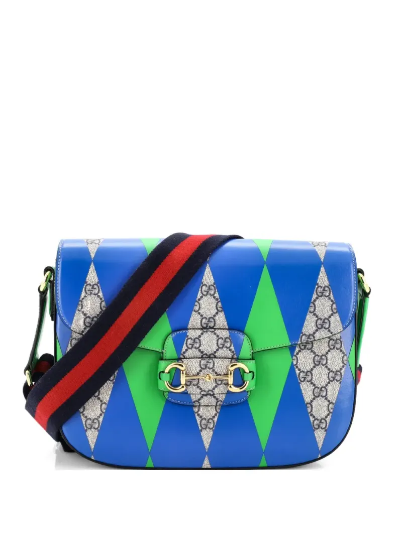 Gucci Große Horsebit 1955 Schultertasche aus beschichtetem Canvas mit GG-Print in Blau