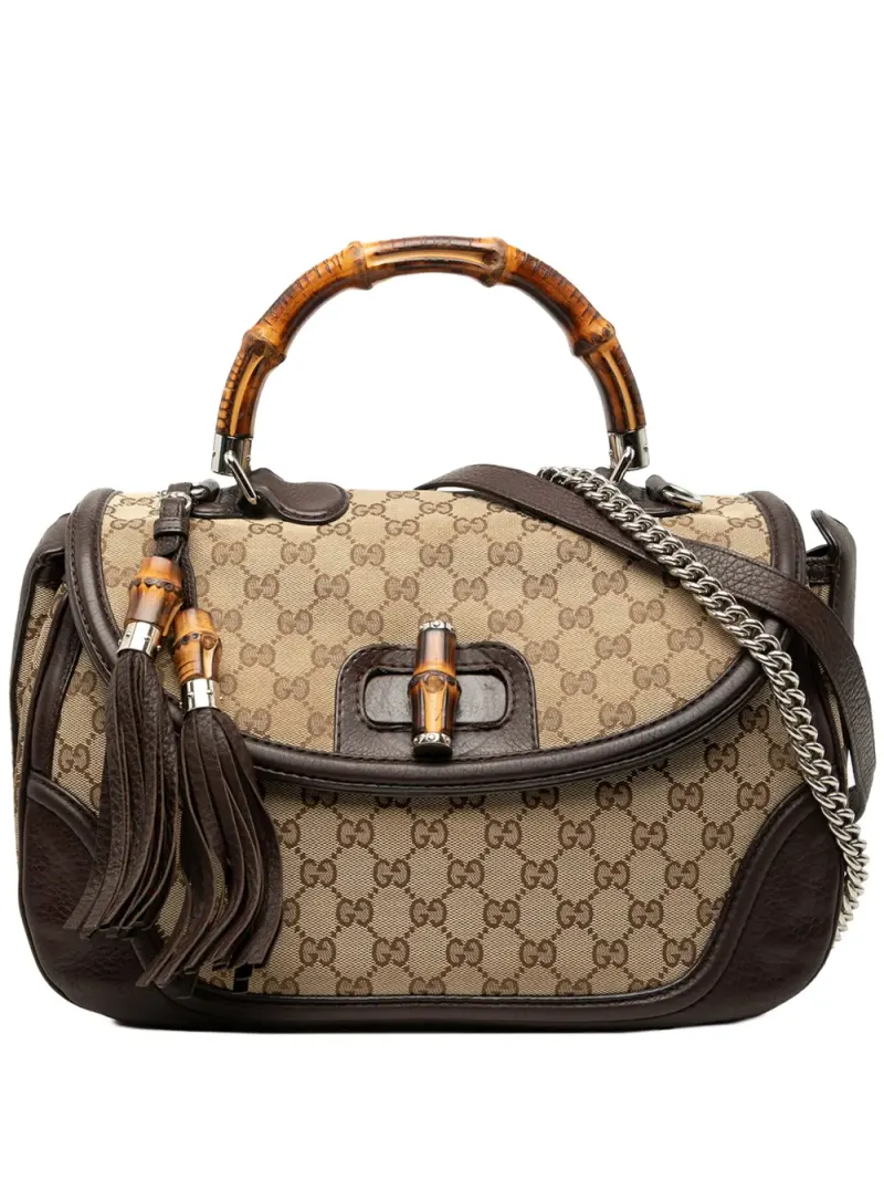 Gucci 2021-2026 große New Bamboo Satchel-Tasche aus GG-Canvas in Nude Gg-Canvas-Leder