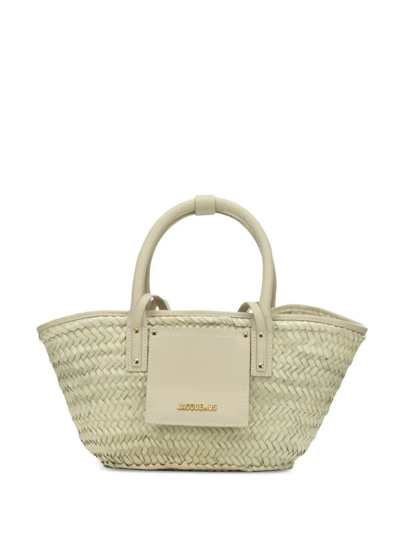 Jacquemus mini Soli woven-straw leather-trim tote bag in Nude