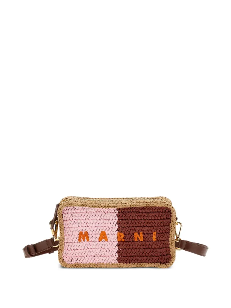 Marni logo-embroidered woven shoulder-bag in Braun