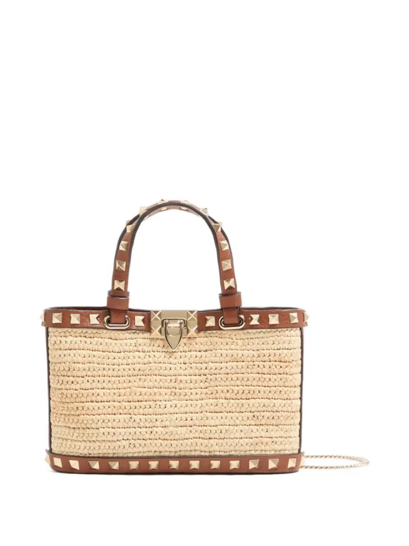 Valentino Mini Rockstud Tote Bag aus Raffiabast